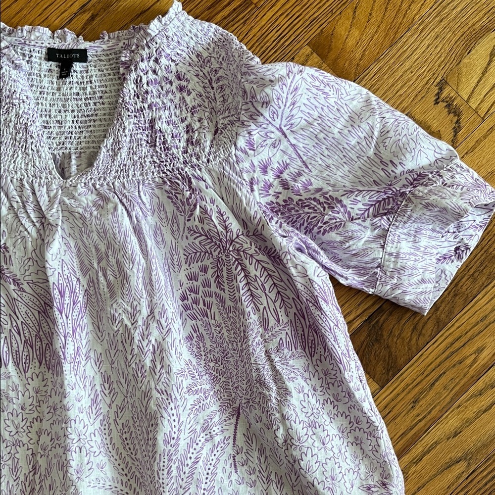Talbots Lavender Printed Smocked Yoke Blouse - Picture 6 of 7